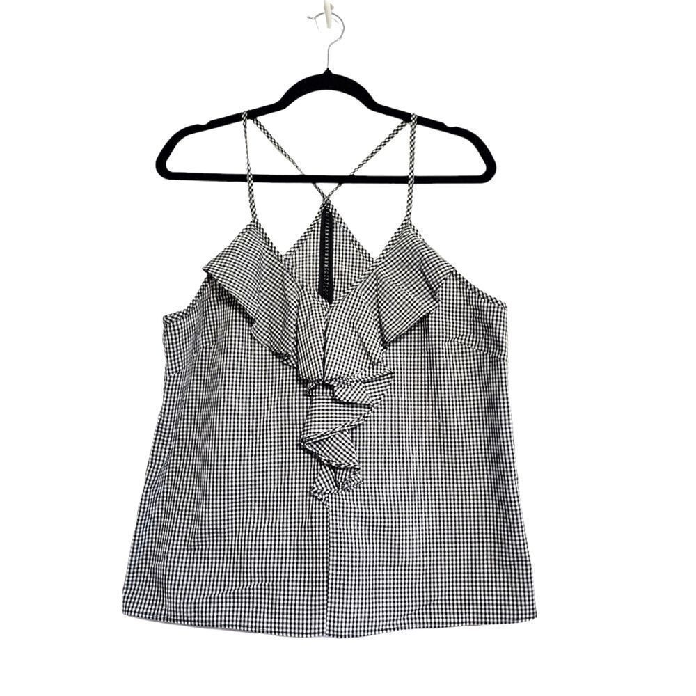 Waverly Gray top black & white gingham tank ruffled career business L